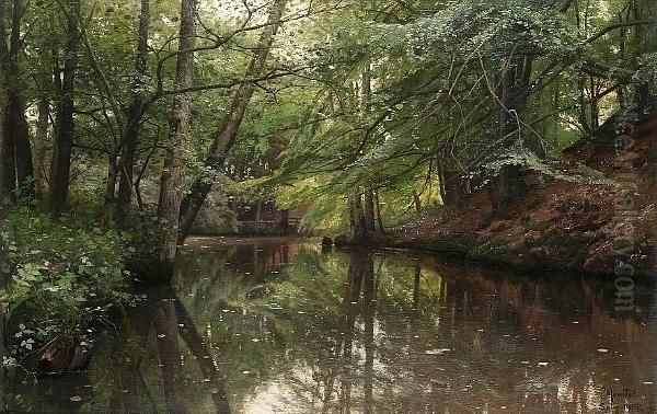 A Tranquil River In A Wood Oil Painting by Peder Mork Monsted