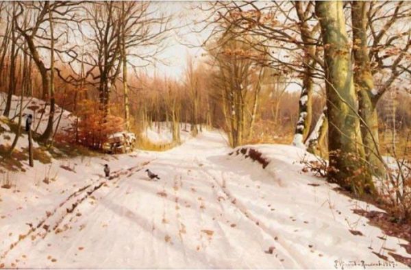 Snowy Path In The Afternoon Sun Oil Painting by Peder Mork Monsted