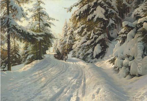 Winter Landscape With A Timber Sled Oil Painting by Peder Mork Monsted