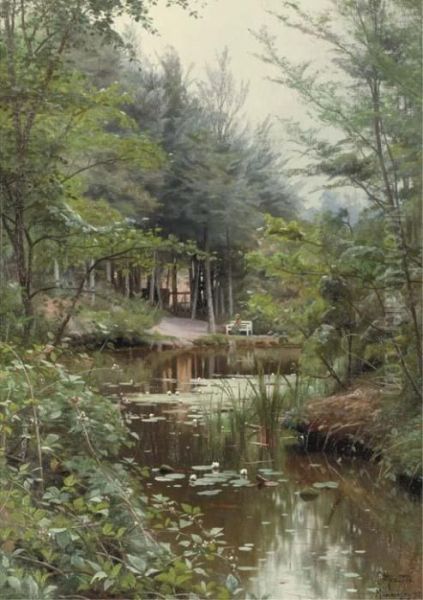 A Lady Reading By A Lake Oil Painting by Peder Mork Monsted