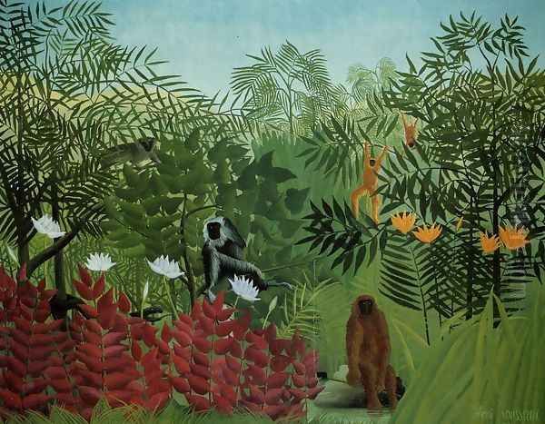 Tropical Forest With Apes And Snake Oil Painting by Henri Julien Rousseau