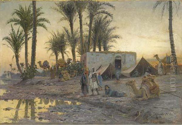 A Bedouin Camp At Gerzereh After Sunset Oil Painting by Peder Mork Monsted