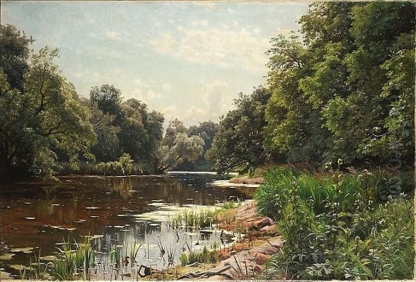 A Tranquil River Oil Painting by Peder Mork Monsted