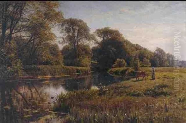 Grazing By A River Oil Painting by Peder Mork Monsted