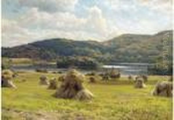 Haystacks In An Alpine Pasture Near Thors Oil Painting by Peder Mork Monsted