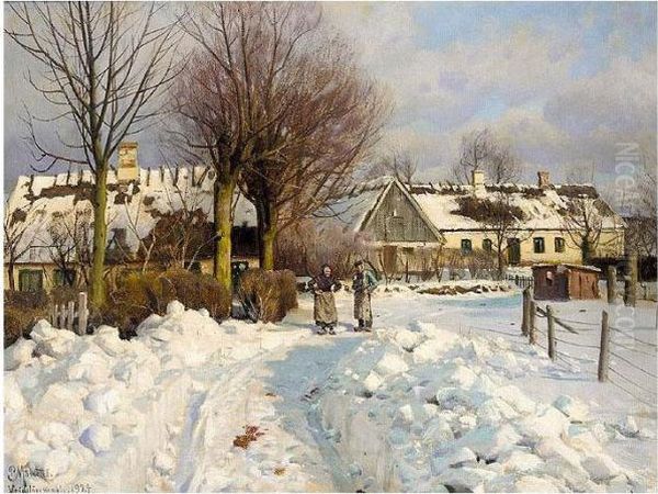 A Winter Landscape Oil Painting by Peder Mork Monsted