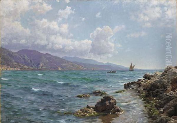 Fishing Boats On The Water, Cap Martin Oil Painting by Peder Mork Monsted