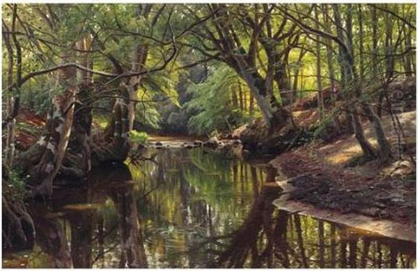 Flodlandskab (forest Stream) Oil Painting by Peder Mork Monsted