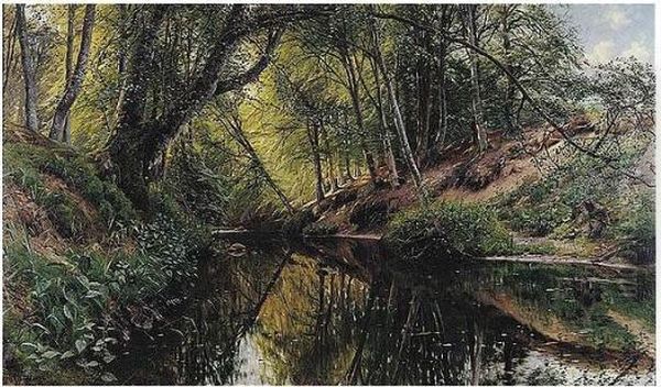 A Spring Landscape Oil Painting by Peder Mork Monsted