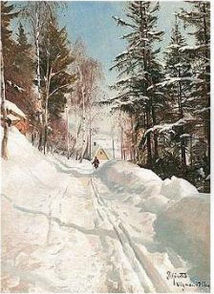 Snedaekket Sti I Skoven (snowy Pathway In The Woods) Oil Painting by Peder Mork Monsted