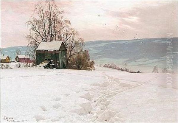 Lillehammer, Vinter (snow Landscape, Lillehammer) Oil Painting by Peder Mork Monsted