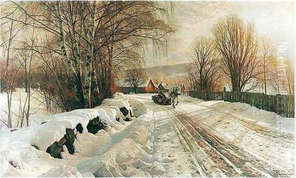 Solopgang I Skogli, Lillehammer (sunrise Over Skogli, Lillehammer) Oil Painting by Peder Mork Monsted