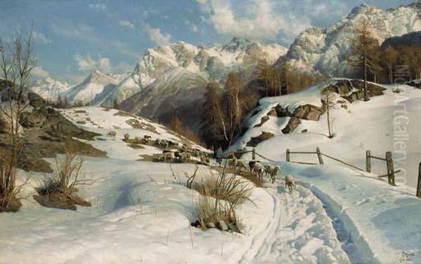 An Alpine Pass At Ardez Oil Painting by Peder Mork Monsted