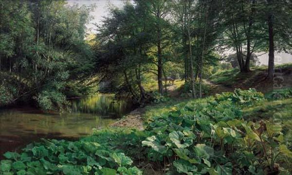 A Wooded River Landscape With Deer Beyond Oil Painting by Peder Mork Monsted