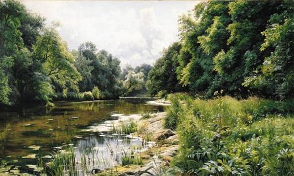 A Wooded Riverlandscape
Oil On Canvas Oil Painting by Peder Mork Monsted