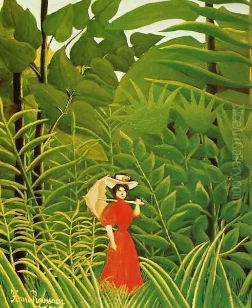 Woman With An Umbrella In An Exotic Forest Oil Painting by Henri Julien Rousseau