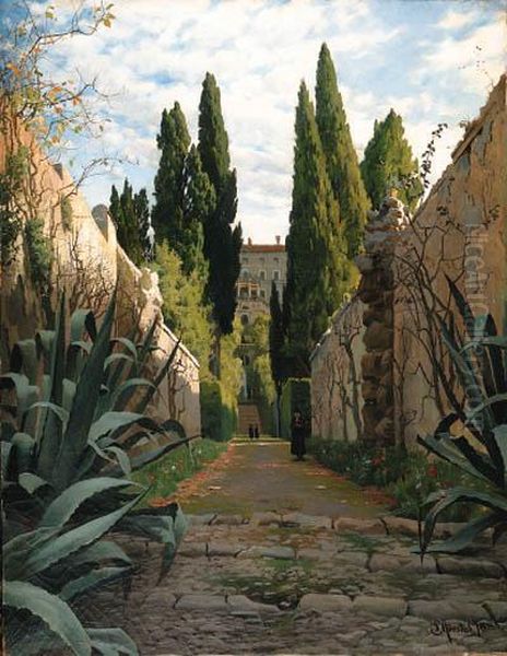 An Italian Villa Oil Painting by Peder Mork Monsted