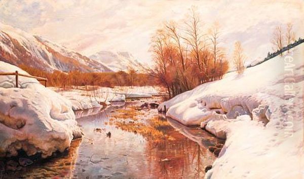 A Mountain Torrent In A Winter Landscape Oil Painting by Peder Mork Monsted