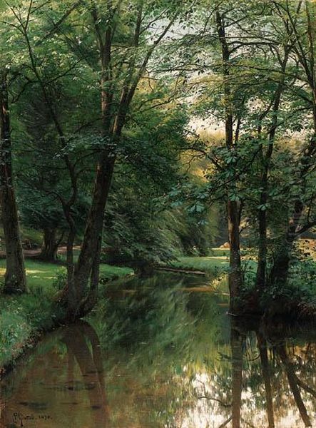 Figures Resting In A River Landscape Oil Painting by Peder Mork Monsted