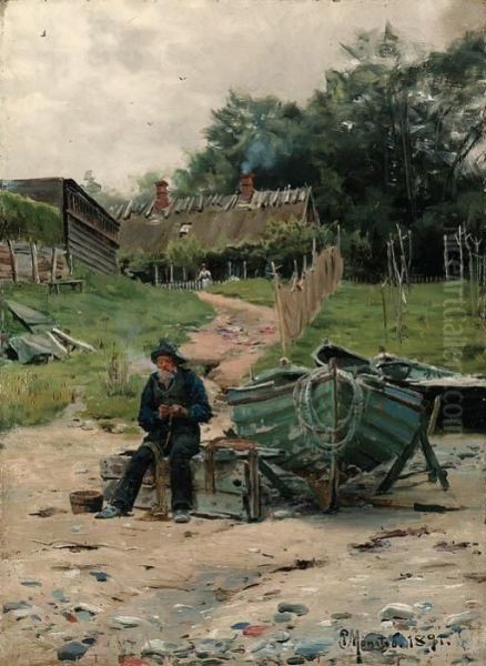 Mending The Nets Oil Painting by Peder Mork Monsted