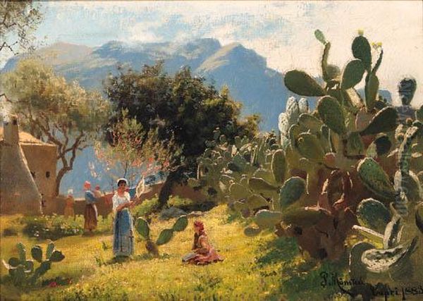 A Sunlit Garden On Capri Oil Painting by Peder Mork Monsted