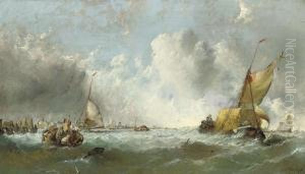 A Hay Barge And A Hulk Off A Rocky Coastline Oil Painting by Alfred Montague