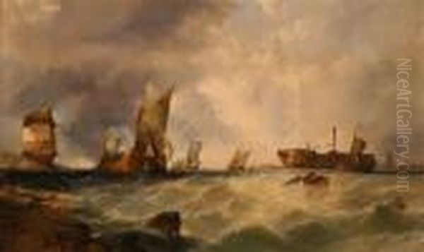 Coastal View With Sailing Vessels And Barges Near A Tower Oil Painting by Alfred Montague