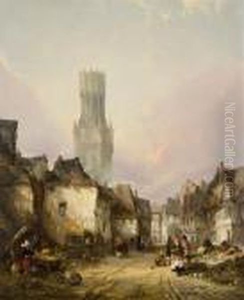 Market Street Scene, Bruges Oil Painting by Alfred Montague