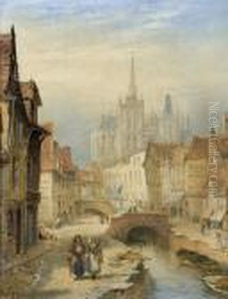 Strassenpartie Mit Kathedrale Bei Einem Kanal. Oil Painting by Alfred Montague