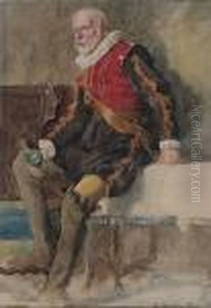 Full-length Study Of A Man In Elizabethan Costume, Holding An Empty Glass Oil Painting by Alfred Montague