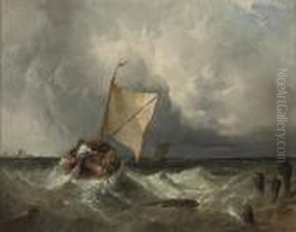 Off To The Fishing Grounds; And A Fishing Barge In An Onshore Breeze (illustrated) Oil Painting by Alfred Montague