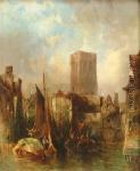 Harbour Withchurch Tower Beyond Oil Painting by Alfred Montague