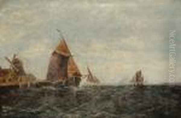 Fishing Boats Off A Jetty With A Windmill Oil Painting by Alfred Montague