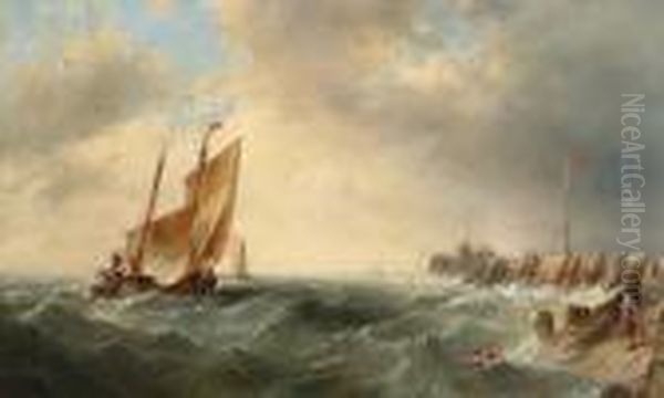 Fishing Boats Off A Pier In A Rough Sea Oil Painting by Alfred Montague