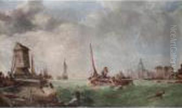 Fishing Boats By A Pier Oil Painting by Alfred Montague