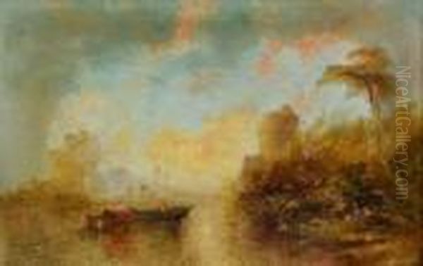 Lakelandscape With Barge Before A Castle Ruin Oil Painting by Alfred Montague