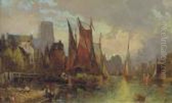 Hay Barges In A Continental Port At Dusk Oil Painting by Alfred Montague