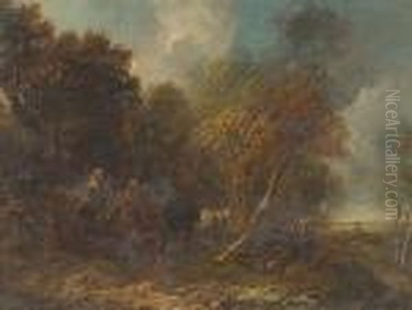 A Forest Landscape With Figures In A Wagon Oil Painting by Alfred Montague