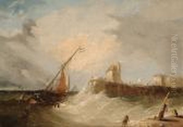 A Dutch Fishing Boat Off A Pier Oil Painting by Alfred Montague