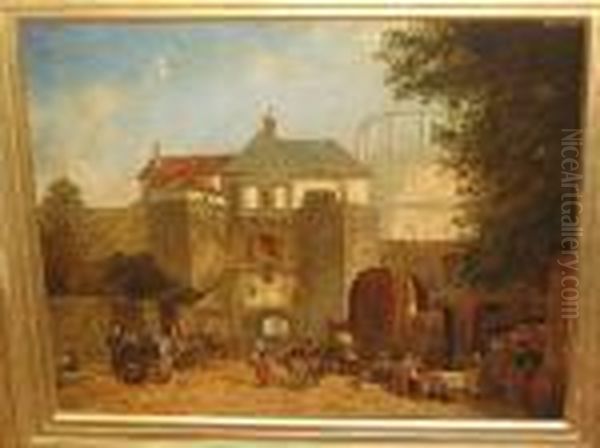 Continental Street Scene With Market Stalls And Figures Oil Painting by Alfred Montague