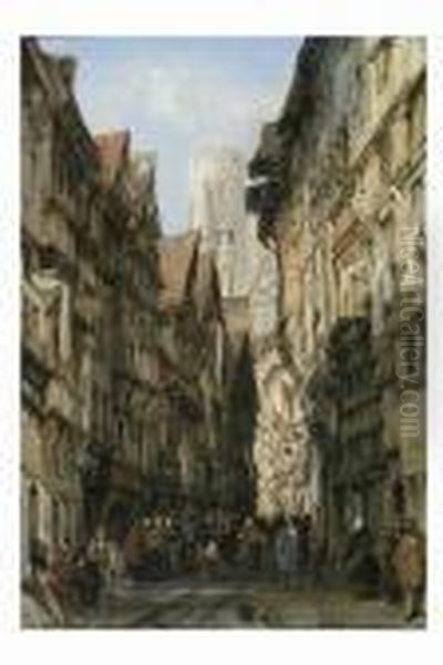 Street Scene, The Rue De Grande Horloge, Rouen Oil Painting by Alfred Montague