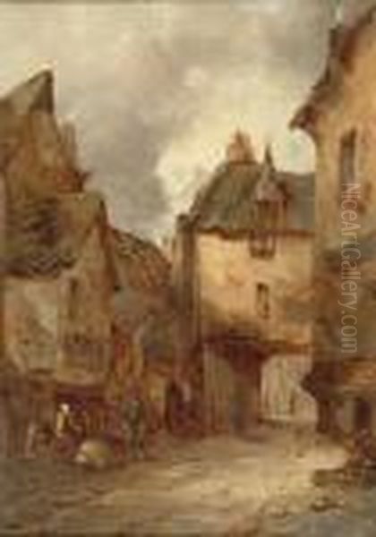 A Continental Street Scene Oil Painting by Alfred Montague