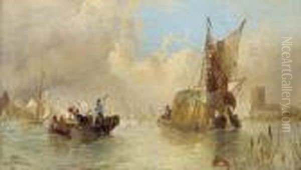 A Hay Barge And Other Vessels At A Riverside Town Oil Painting by Alfred Montague