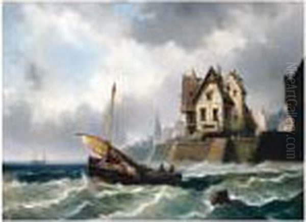 Fishing Boat Raising Sail Oil Painting by Alfred Montague