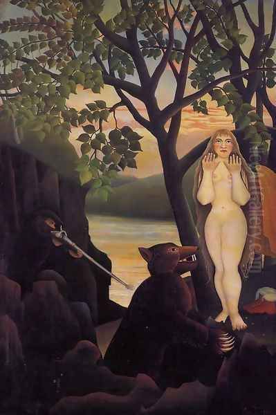 Unpleasant Surprise Oil Painting by Henri Julien Rousseau