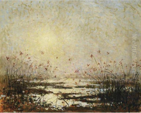 Coucher De Soleil Sur Le Marais Fleuri Oil Painting by Pierre Eugene Montezin