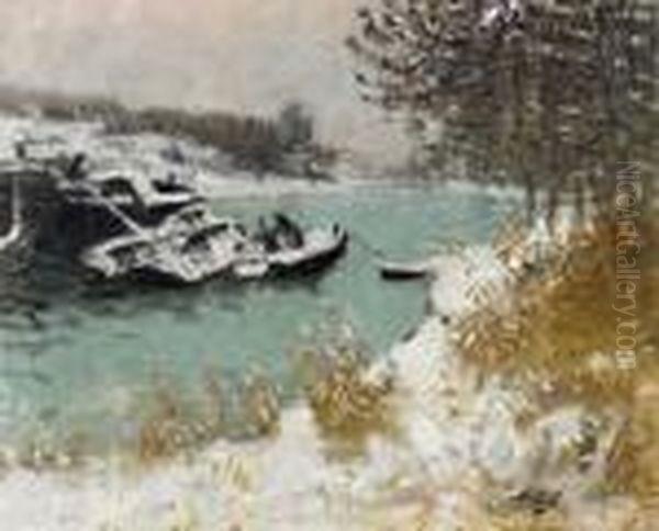 La Peniche Sous La Neige Oil Painting by Pierre Eugene Montezin