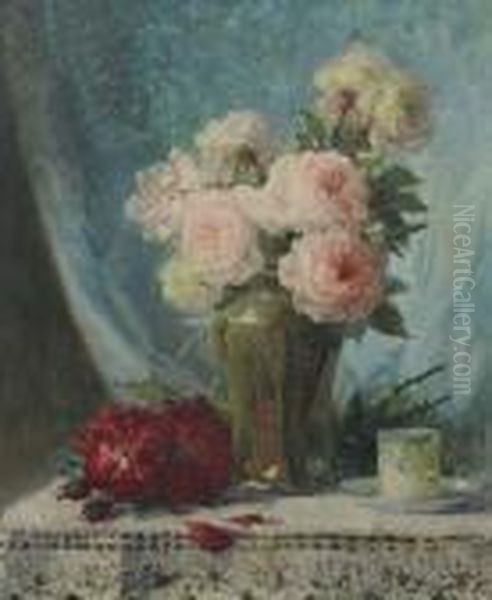 Bouquet De Roses Avec Une Tasse De Sevres Oil Painting by Pierre Eugene Montezin