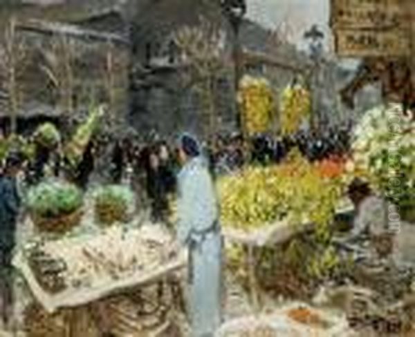 Les Petits Marchands Aux Halles Oil Painting by Pierre Eugene Montezin