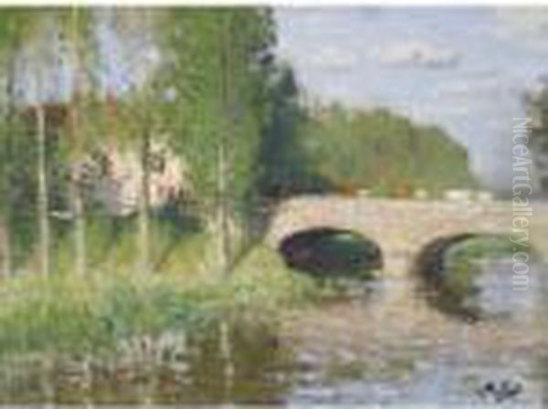 Peupliers Pres Du Pont, Sainte-gemme-moronval Oil Painting by Pierre Eugene Montezin